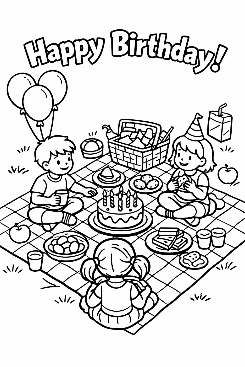 birthday friends coloring page | group celebration scene | kids party art