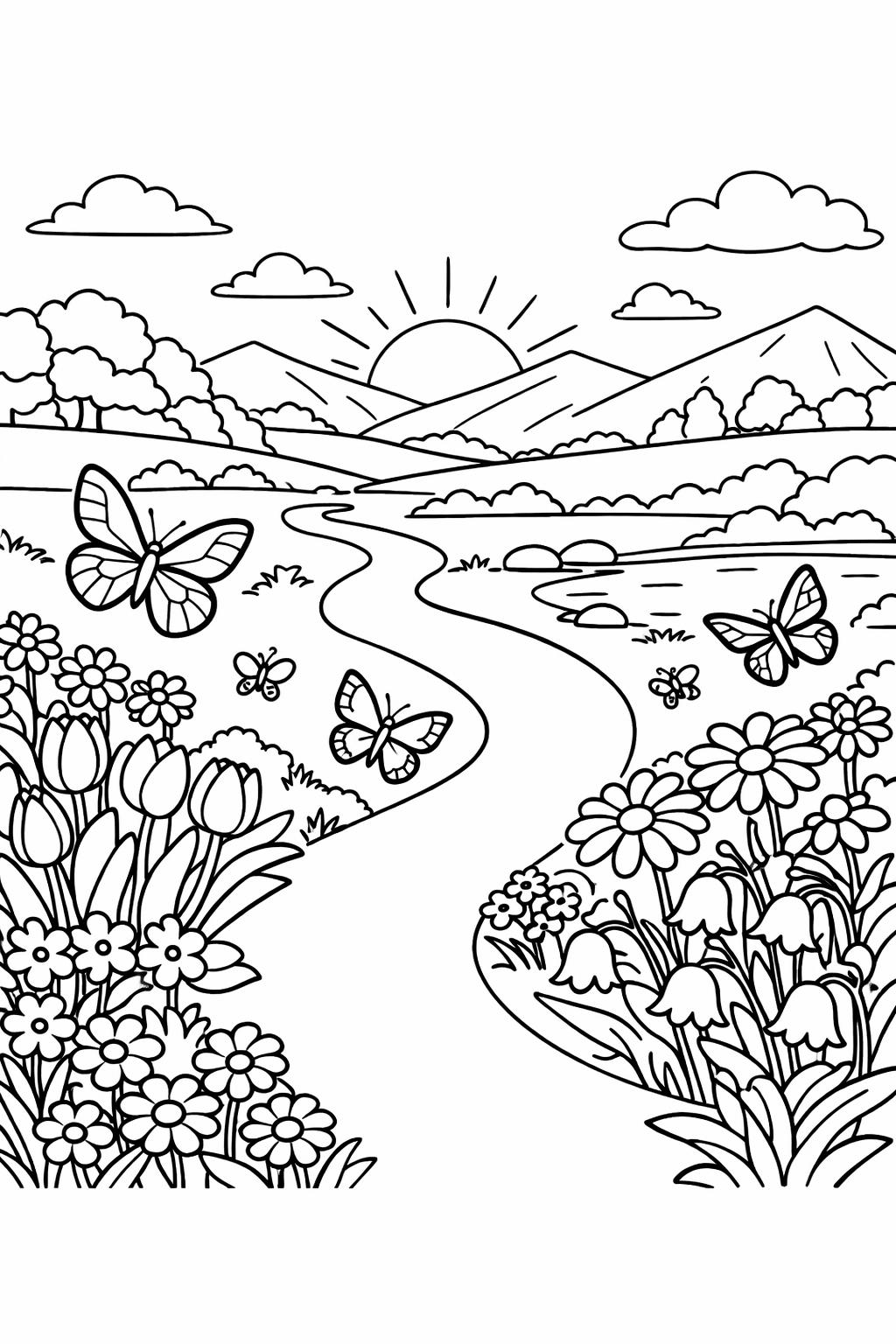 spring garden coloring sheet | butterflies and flowers | outdoor spring scene