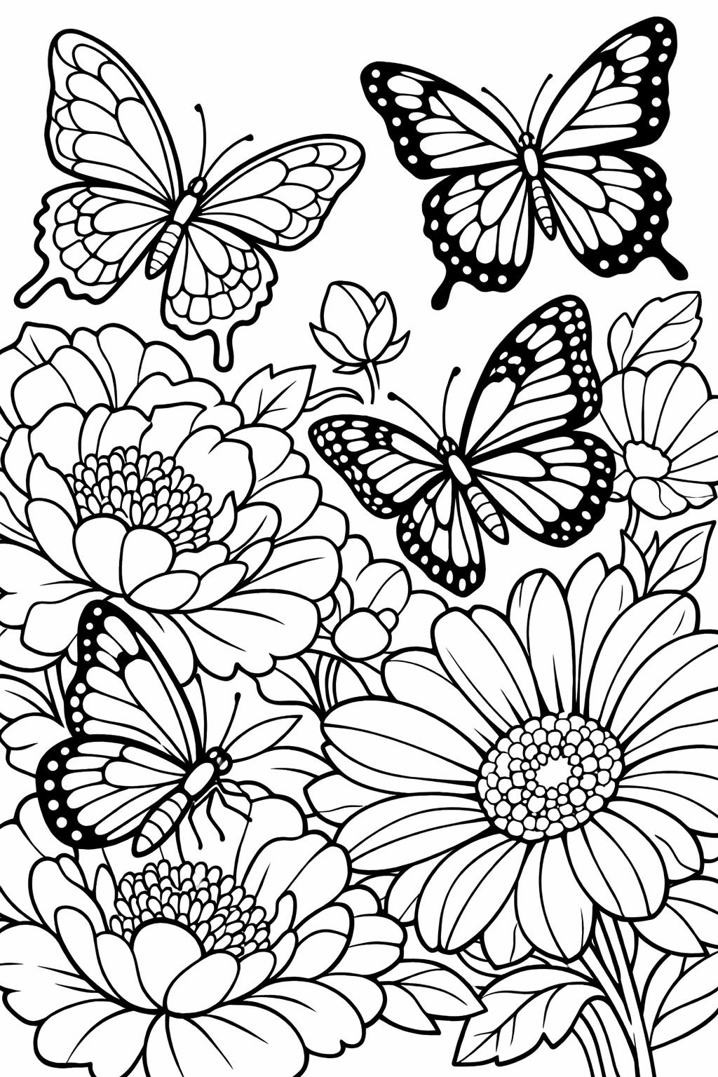 spring butterfly coloring | flying insects scene | floral nature design