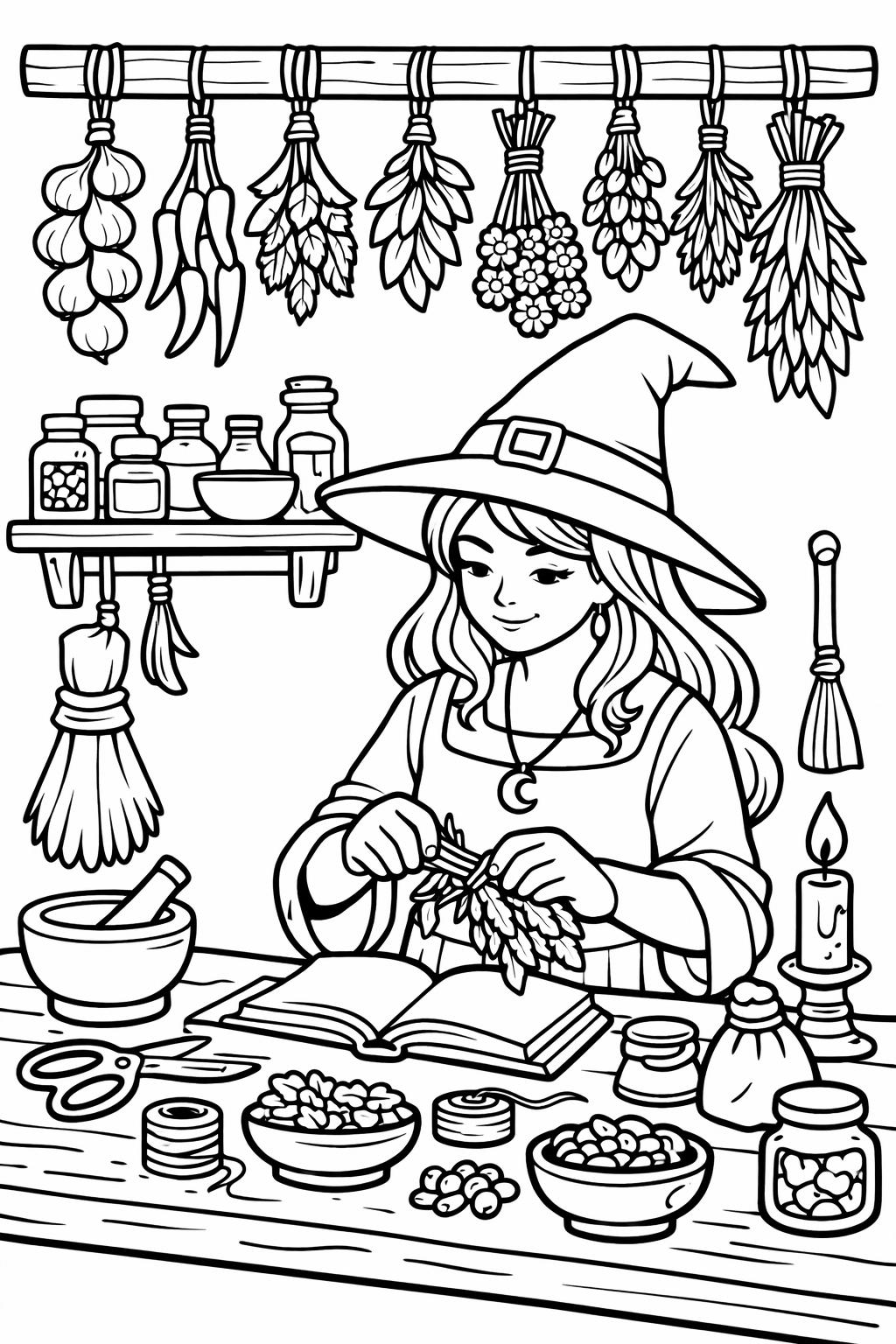 witch hat and cloak coloring | elegant witch illustration | detailed halloween witch page