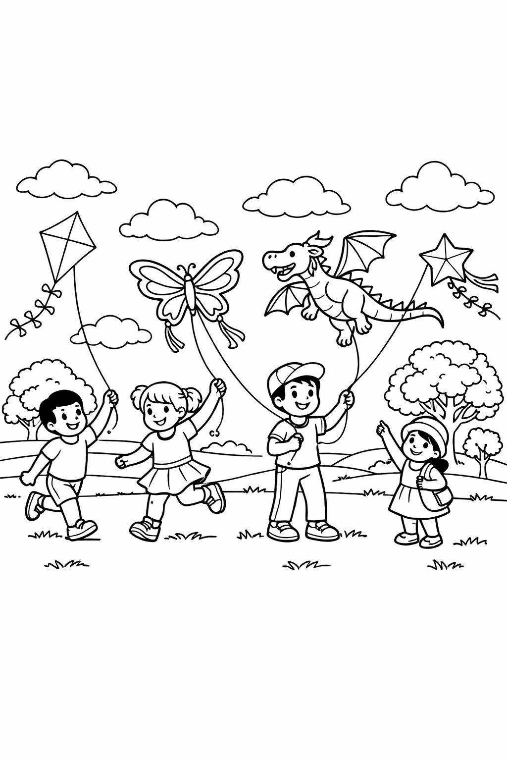 spring sunshine coloring | sun and clouds scene | cheerful weather page