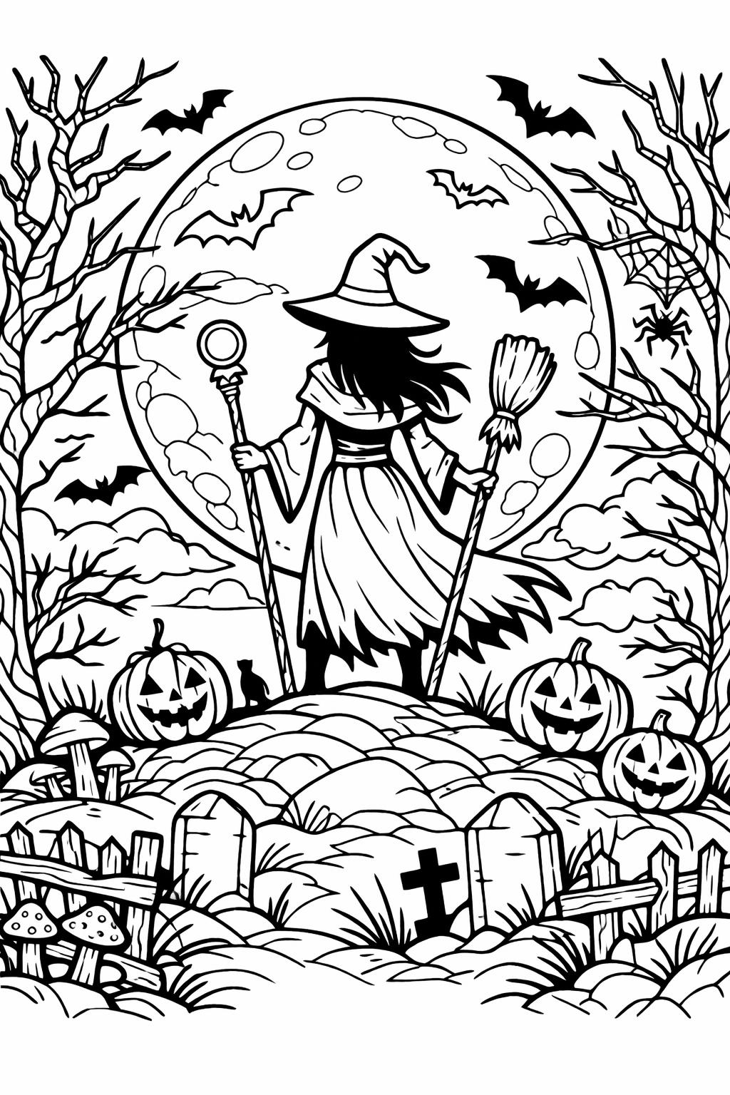 witch and cat coloring page | halloween witch coloring sheet | intricate witch design page