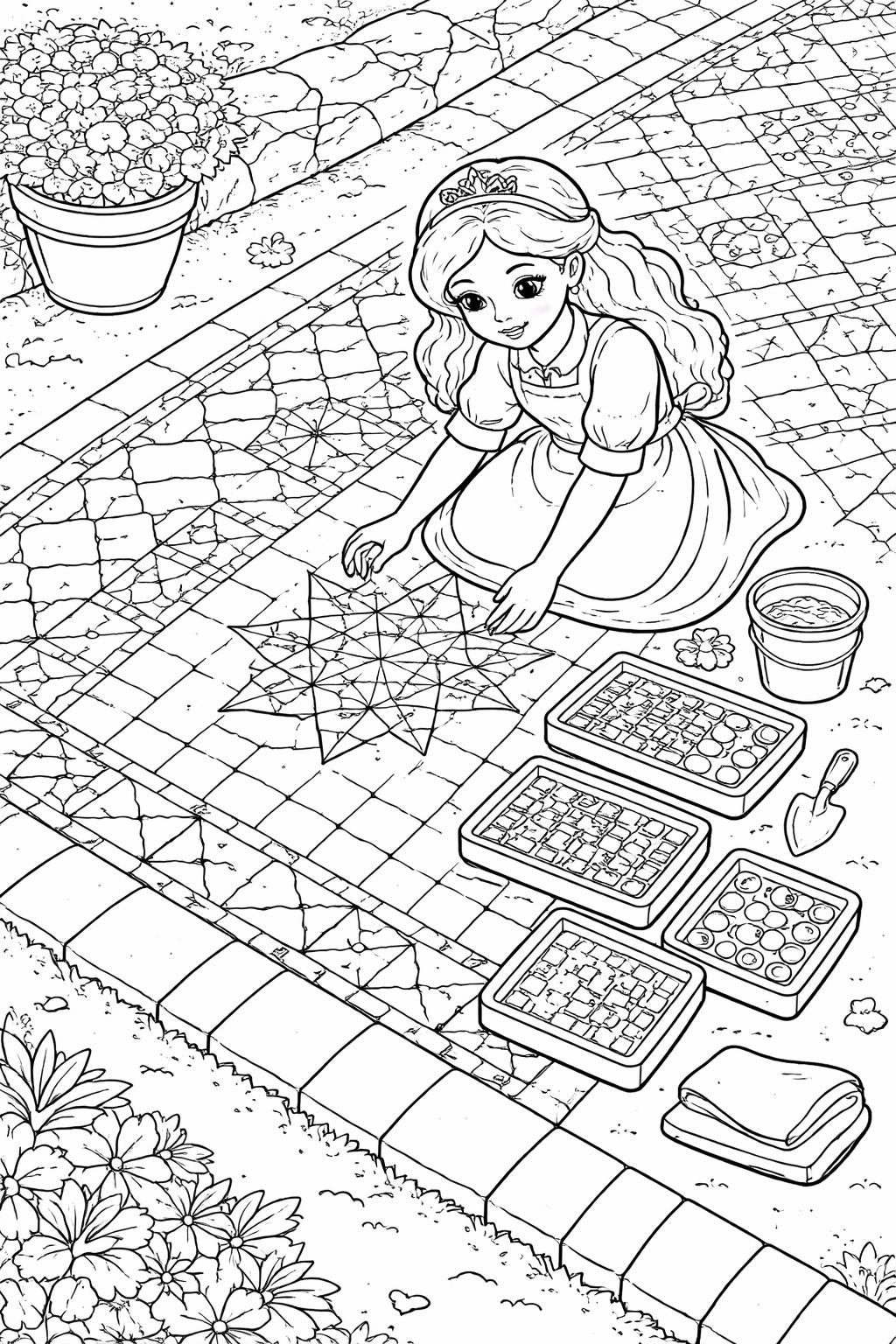 Young girl in a dress kneels on a sidewalk, drawing a geometric chalk star while surrounded by chalk boxes and tools.