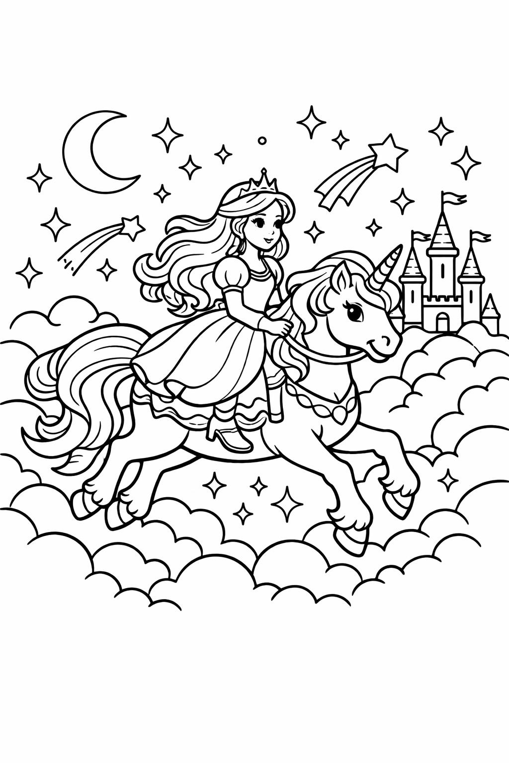 princess and castle coloring | fairy tale princess scene | magical kingdom coloring page