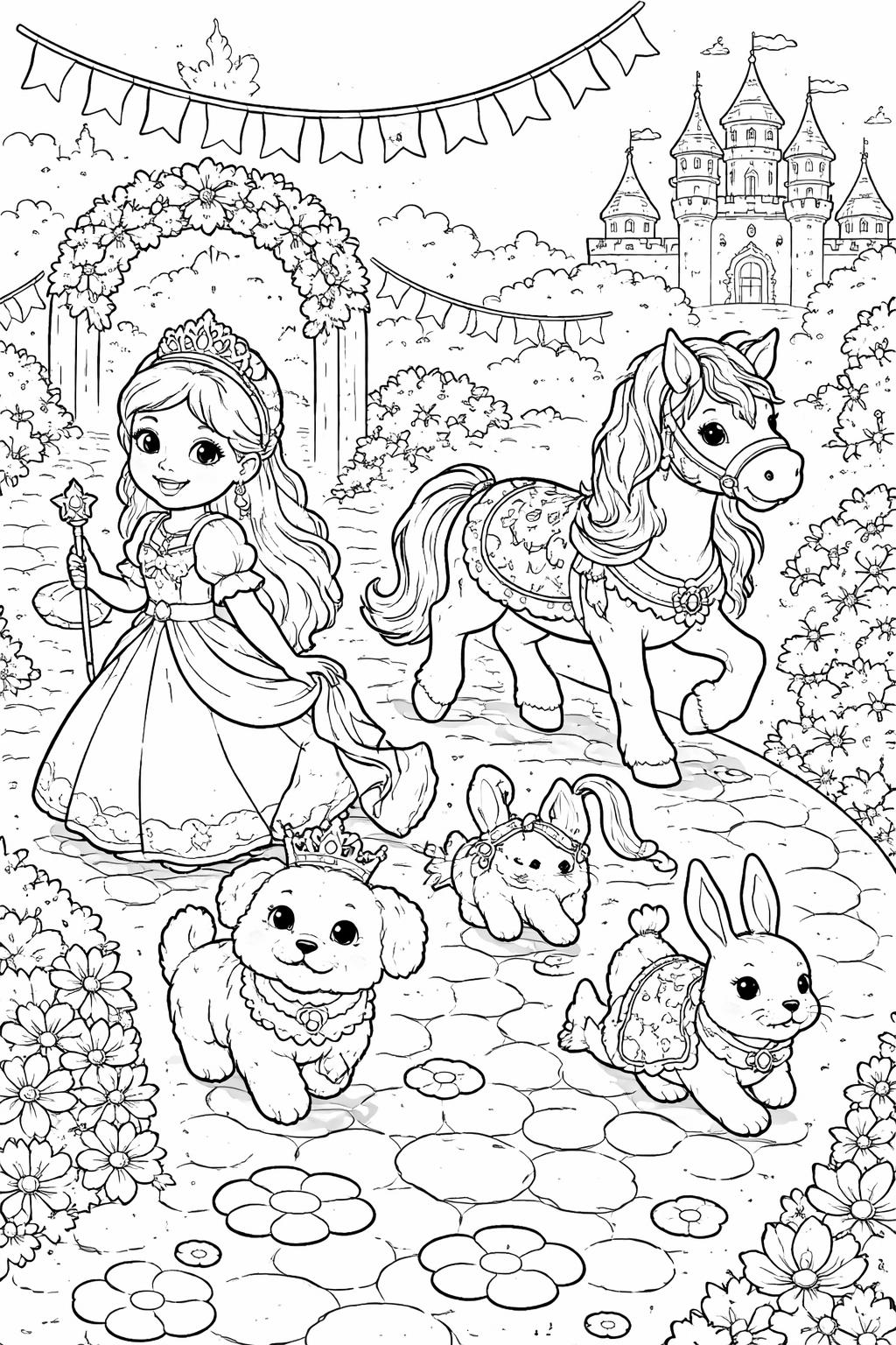 princess in a castle coloring page | magical royal palace | fairy tale coloring sheet