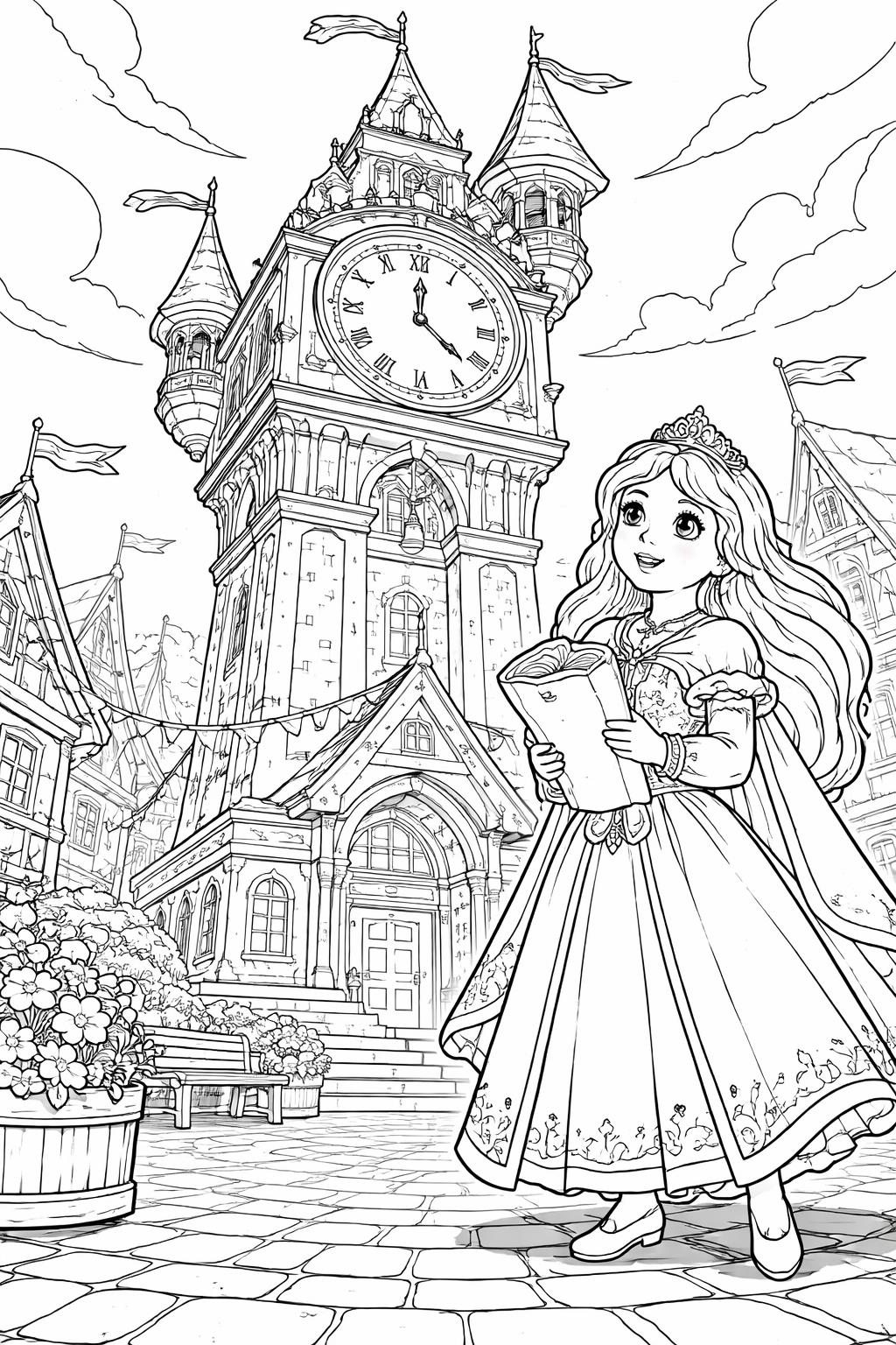 Princess in a ball gown holding a book in a cobblestone plaza with a large clock tower behind it.
