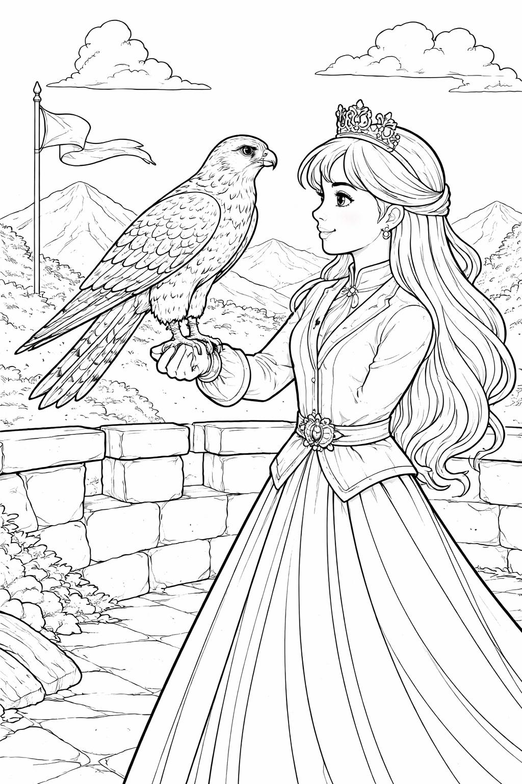 Regal princess in a crown and flowing gown extends her gloved hand, on which a large falcon perches, with a stone terrace, flag, and mountain landscape in the background.