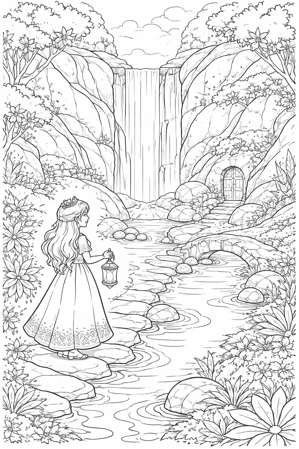 princess with a magical wand coloring page | sparkling fantasy design | imaginative coloring activity