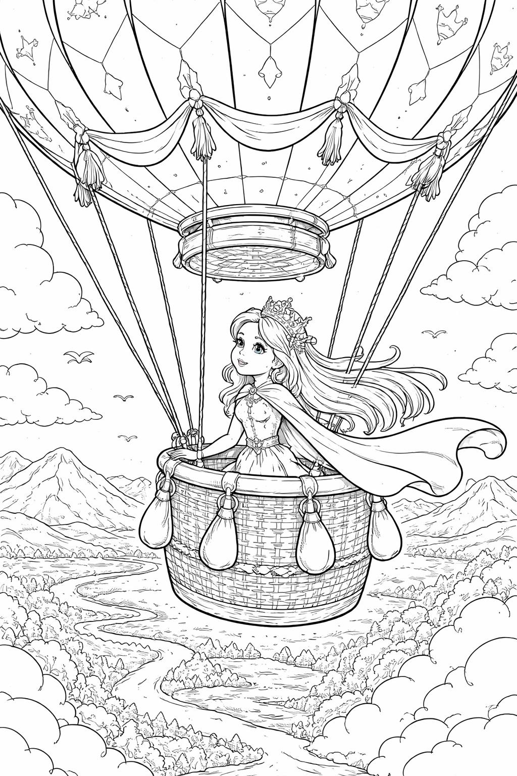 Line drawing of a princess in a hot air balloon basket, flying above mountains and a winding river.