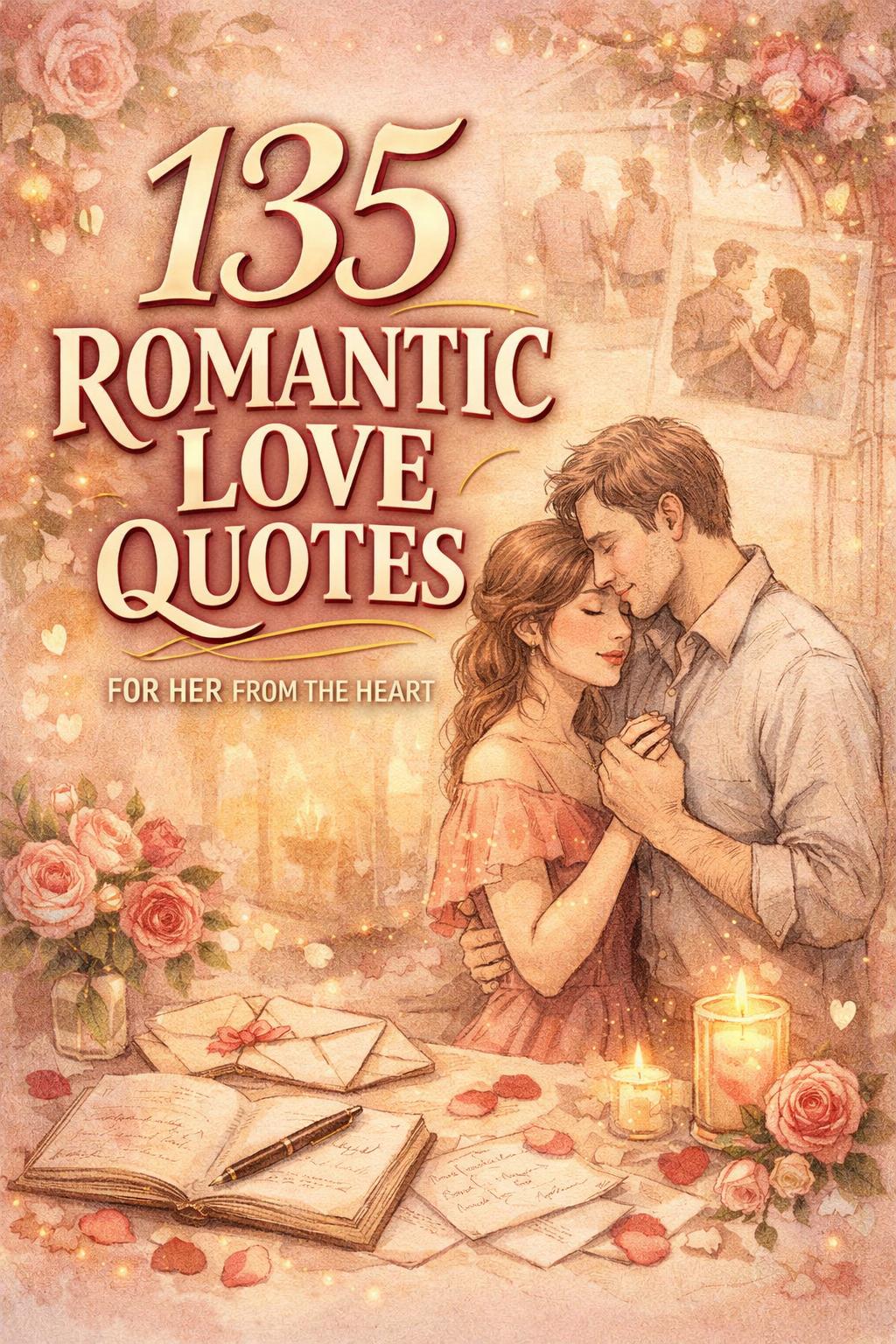 Romantic cover featuring a couple embracing amid roses, candles, and handwritten letters, with the title 135 Romantic Love Quotes for Her from the Heart.