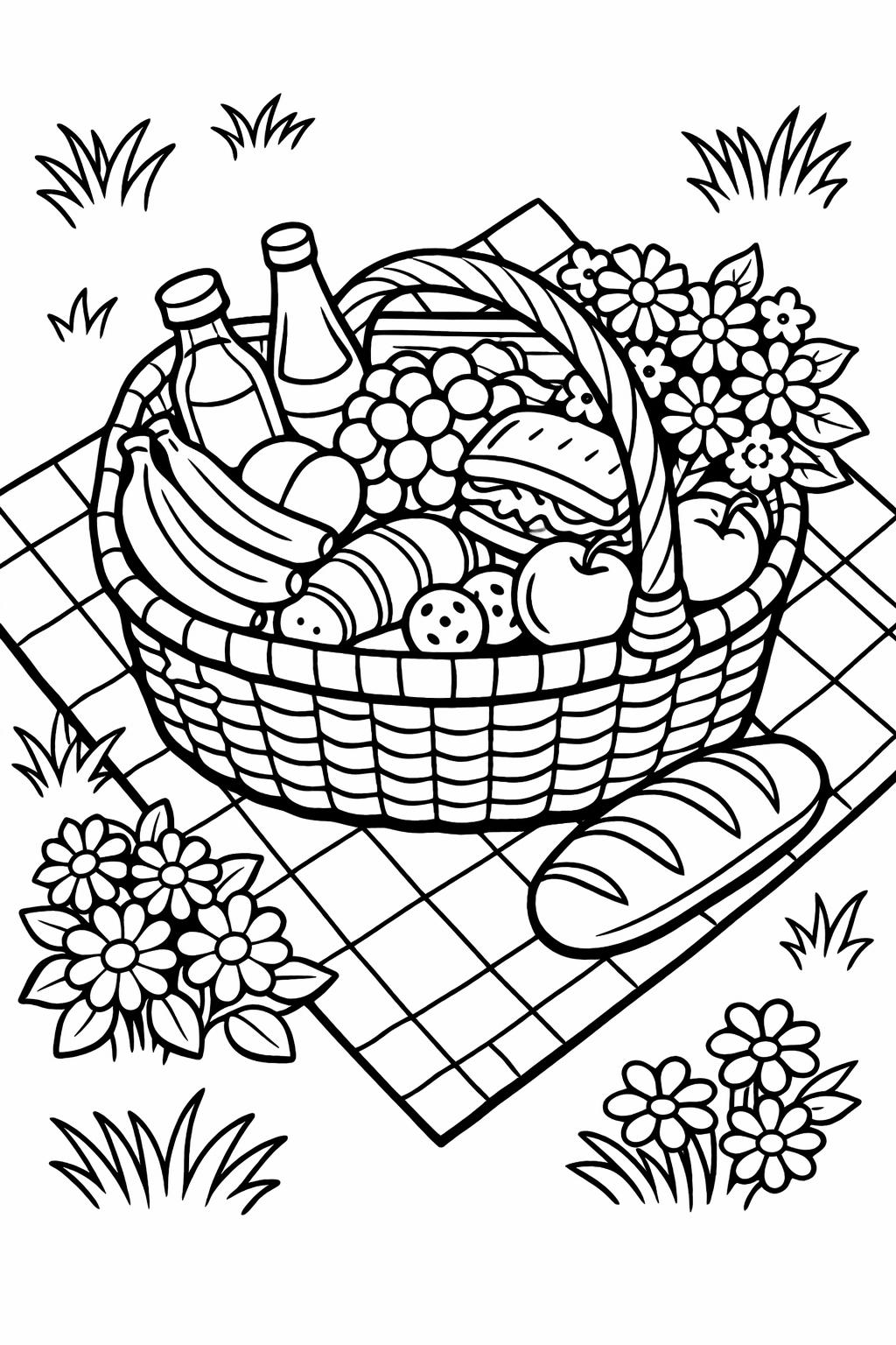 spring picnic coloring page | outdoor food scene | sunny park setting
