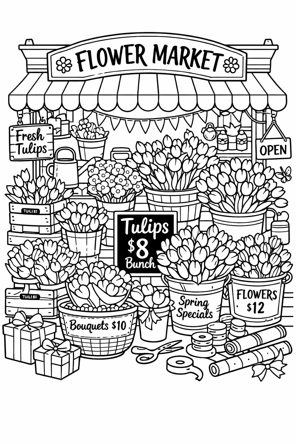 garden flower coloring page | blooming floral scene | peaceful nature artwork