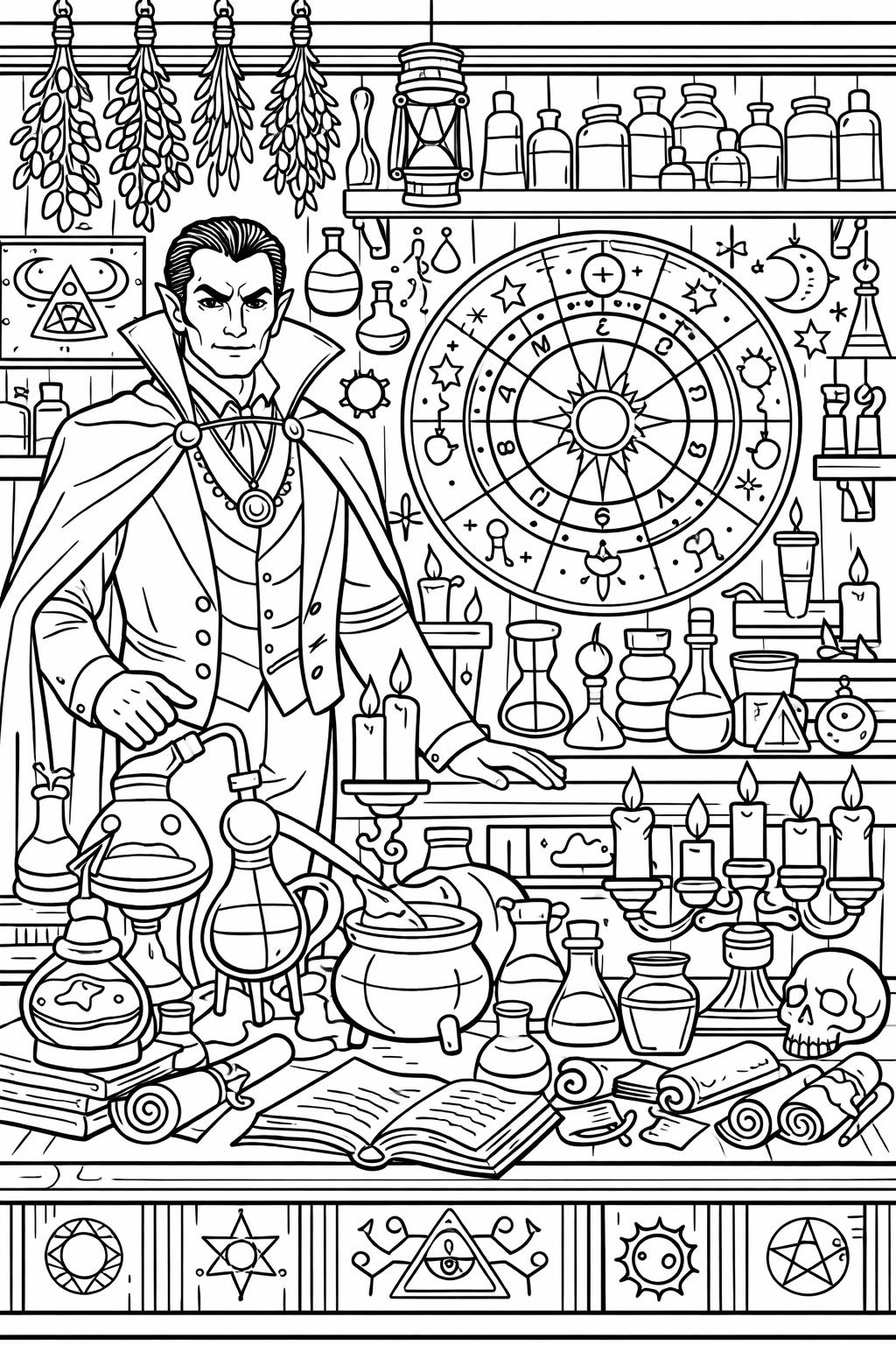 vampire with bats coloring page | spooky night artwork | horror coloring activity