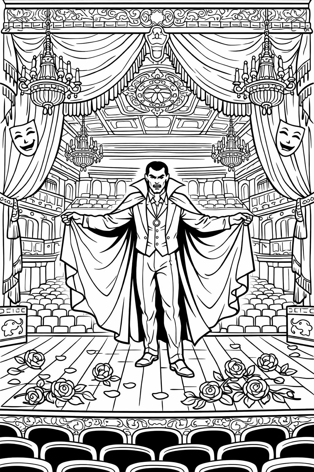 Magician on a grand theater stage with cape flowing, roses on the floor, ornate curtains and chandeliers, and an audience seating area in the background.