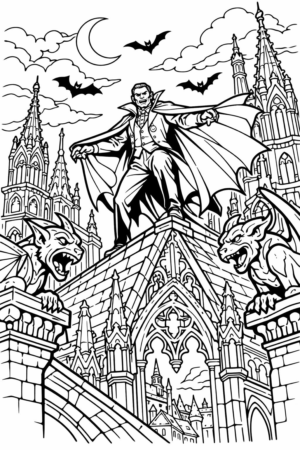 vampire and castle coloring page | dark gothic scene | printable adult coloring page