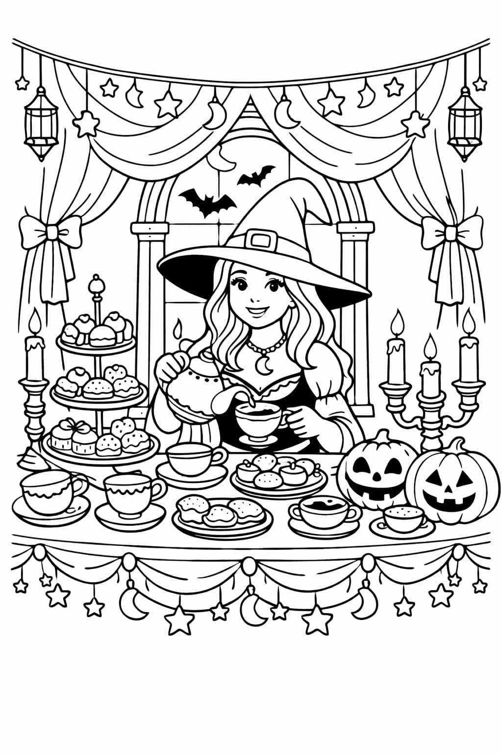 moonlight witch coloring page | crescent moon witch art | night witch design page