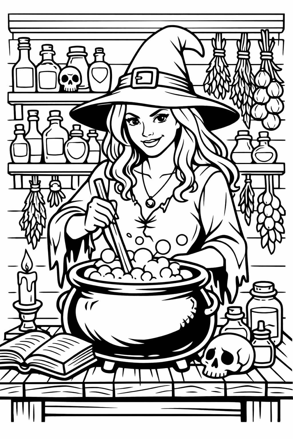 witch garden herbs coloring | botanical witch illustration | herbal magic coloring page