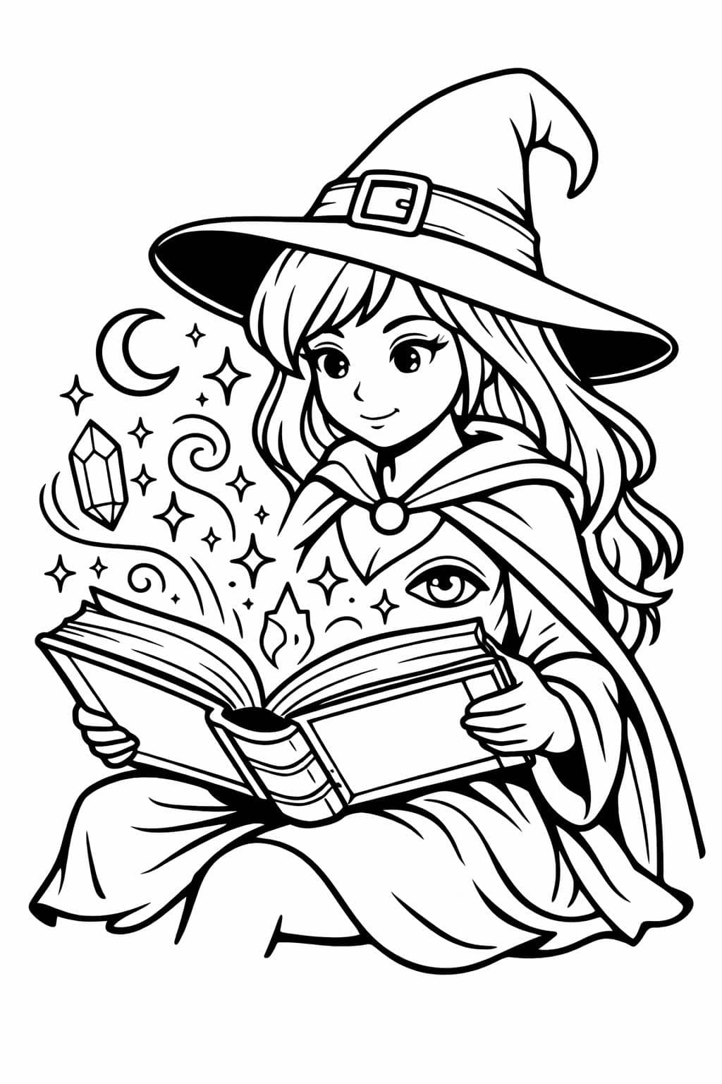 forest witch coloring page | nature witch adult sheet | enchanted woods witch page