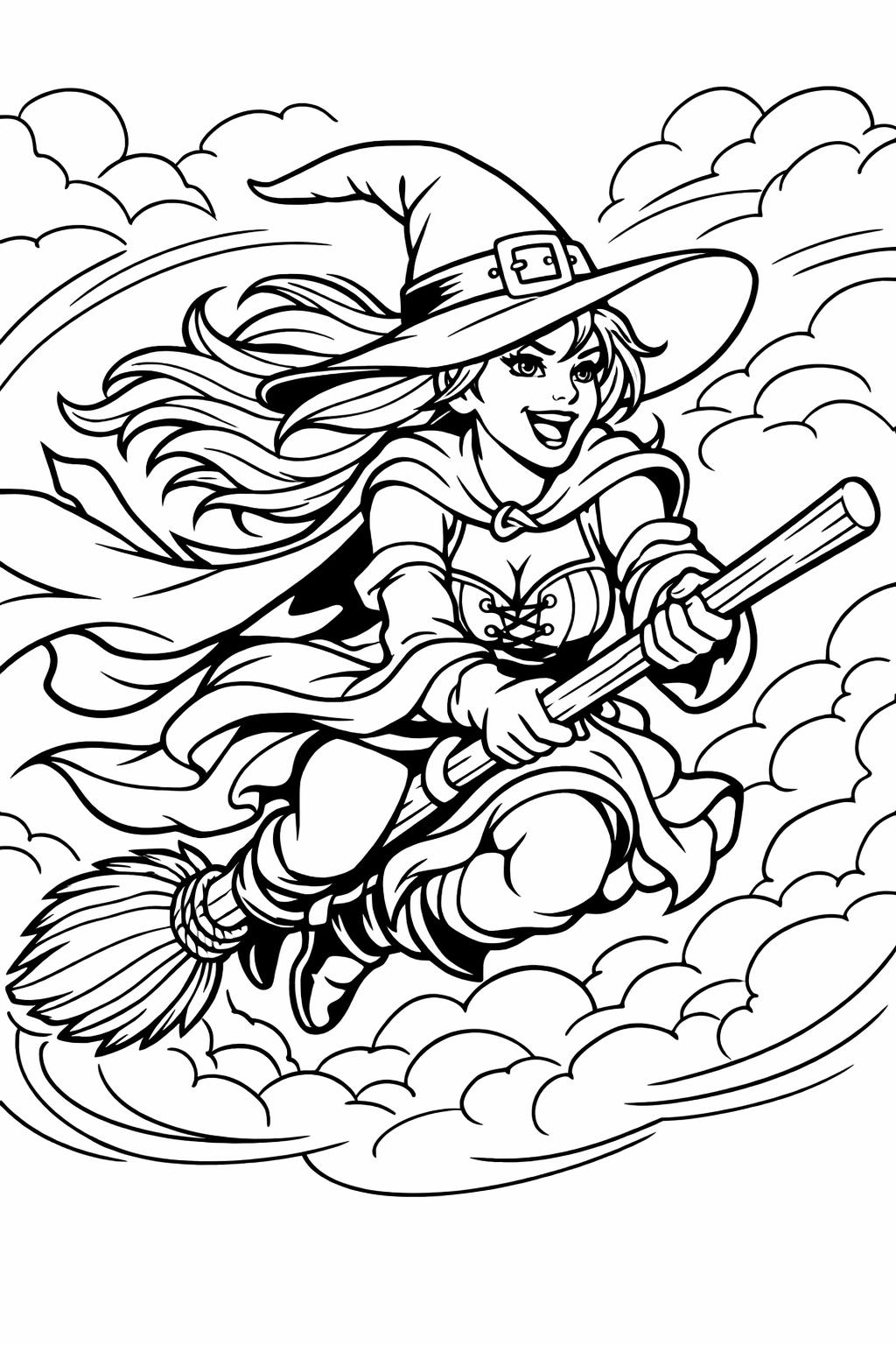 witch flying on broom page | night sky witch coloring | mystical witch art page