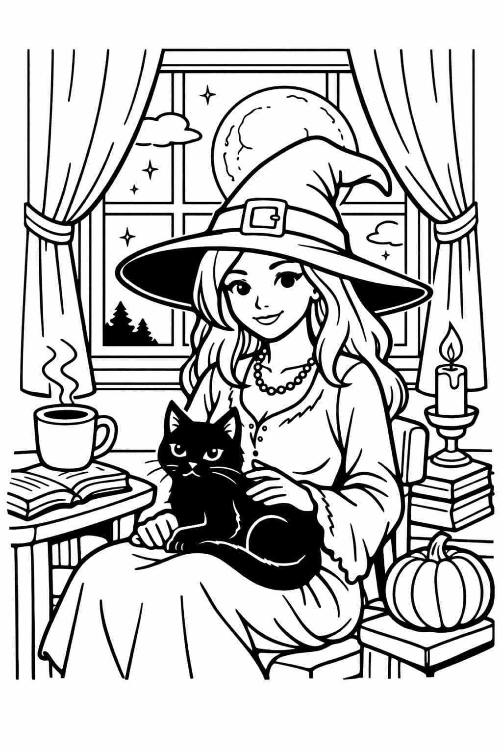 witch altar coloring page | ritual witch illustration | detailed magic setup page