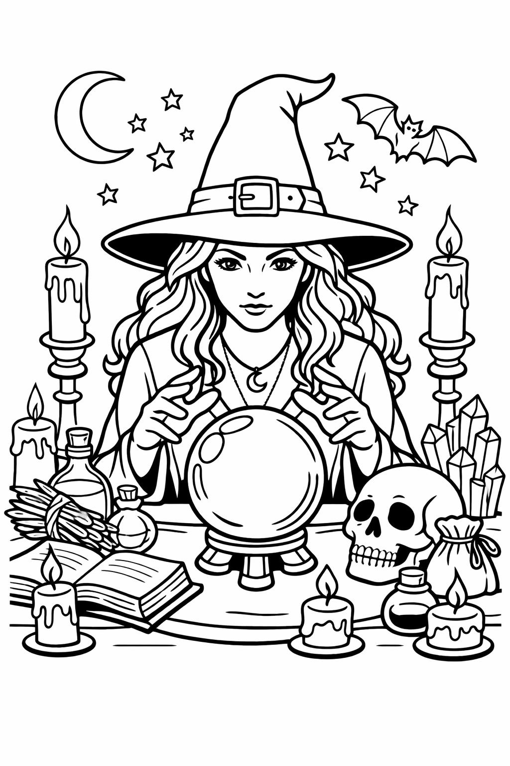 witch potion scene coloring | adult witch spell coloring | dark fantasy witch page