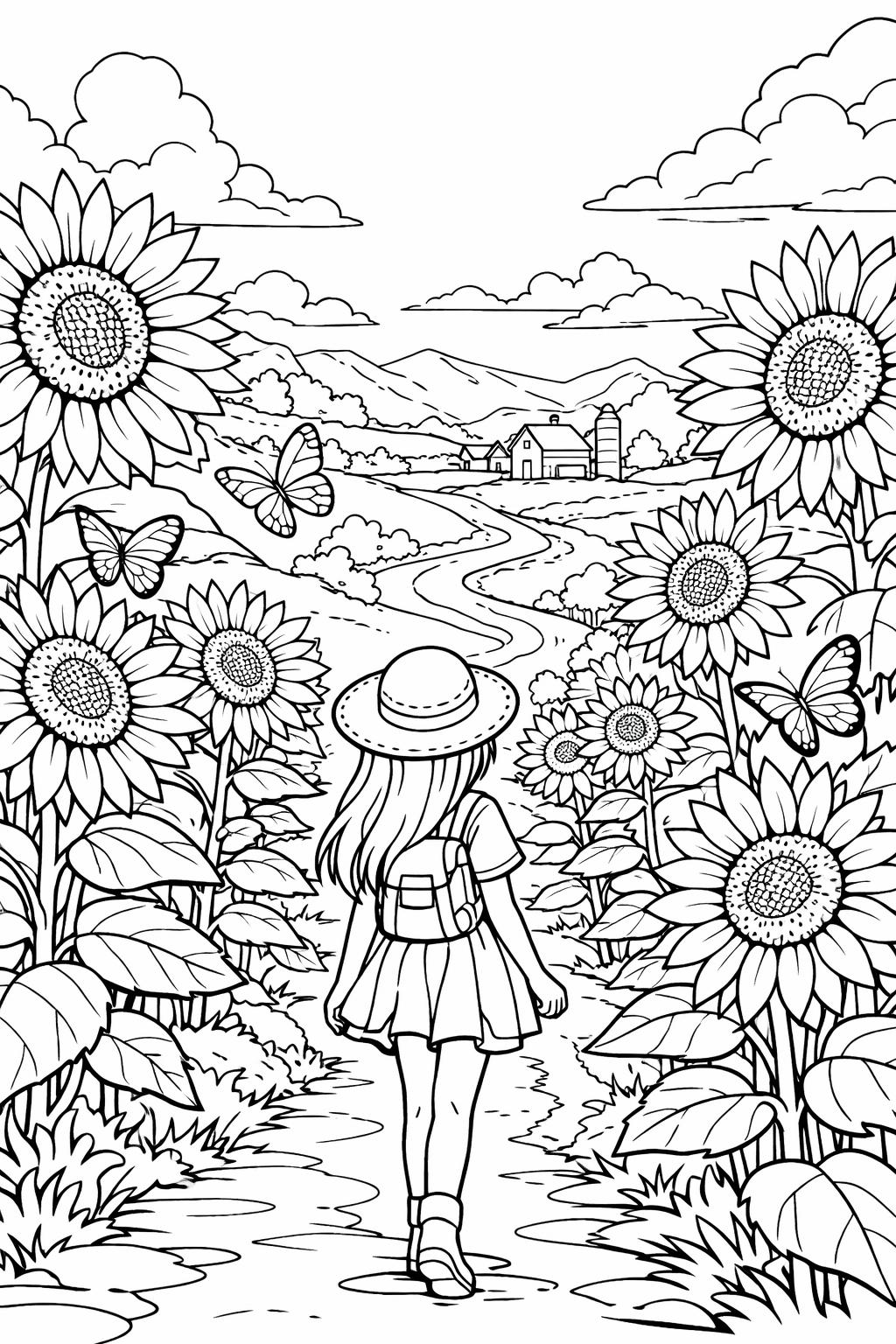 Girl with a hat and backpack walks along a path through a sunflower field toward a distant farm, butterflies fluttering nearby.