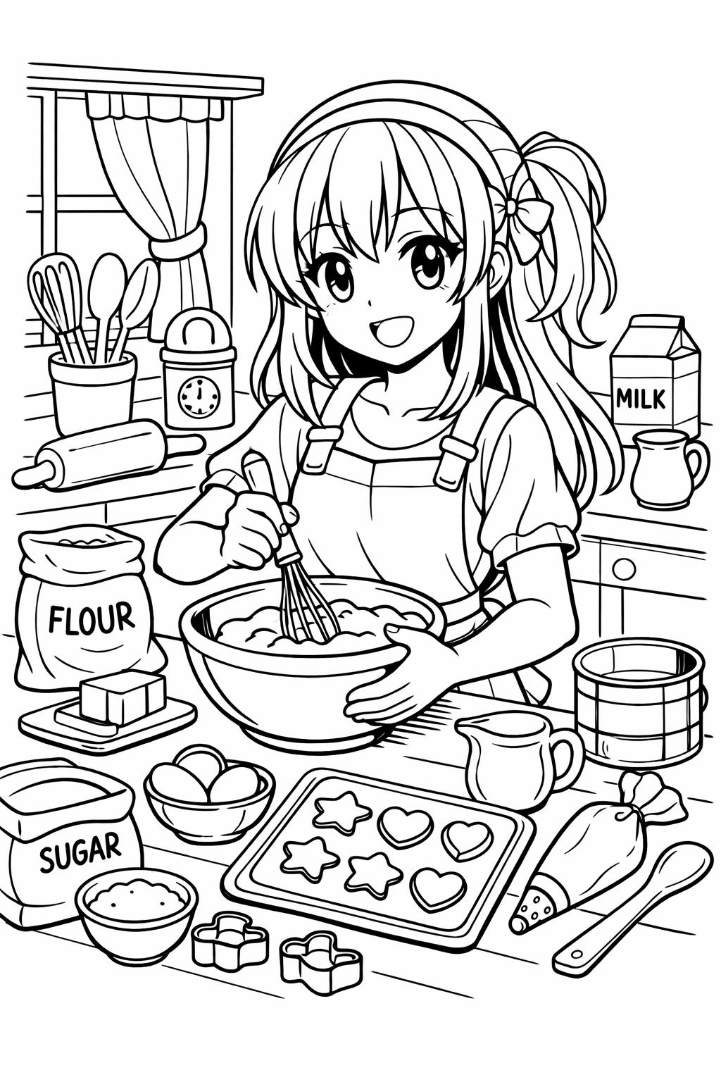 anime girl portrait coloring | big eyes character art | detailed manga style page