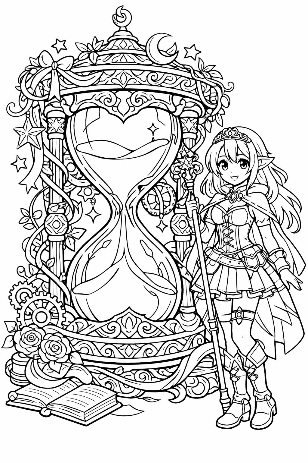 Elf girl in armor and cape stands beside an ornate, heart-shaped hourglass throne intertwined with gears, vines and stars.