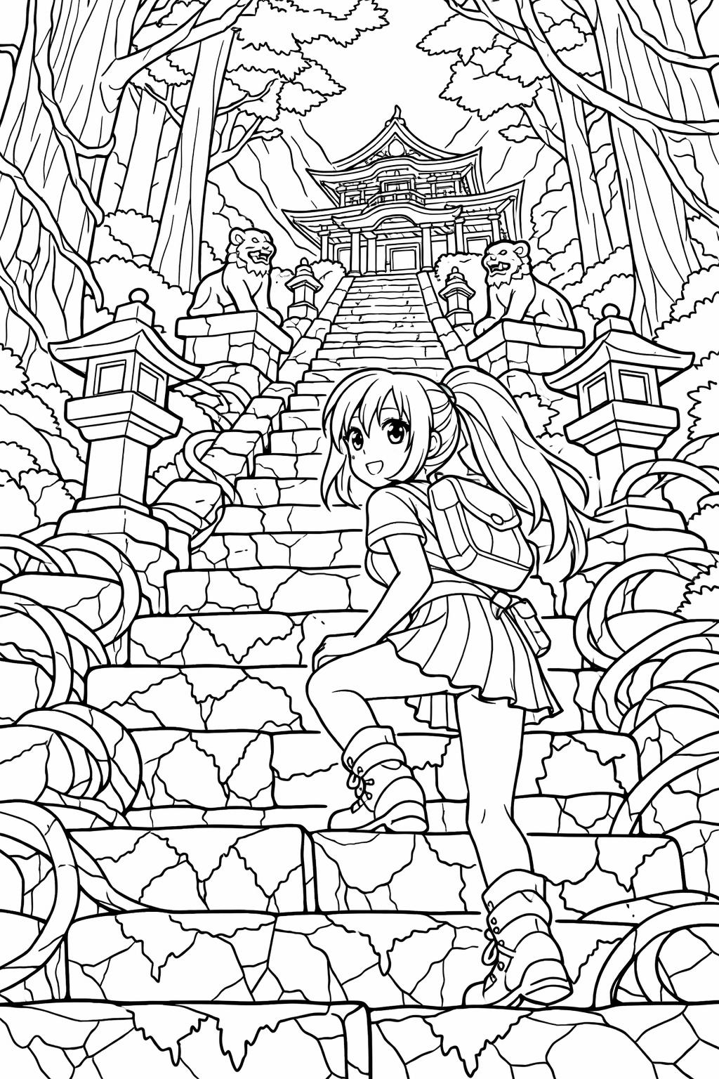 Girl with a backpack climbs cracked stone steps toward a traditional temple in a forest, flanked by lanterns and guardian lion statues.