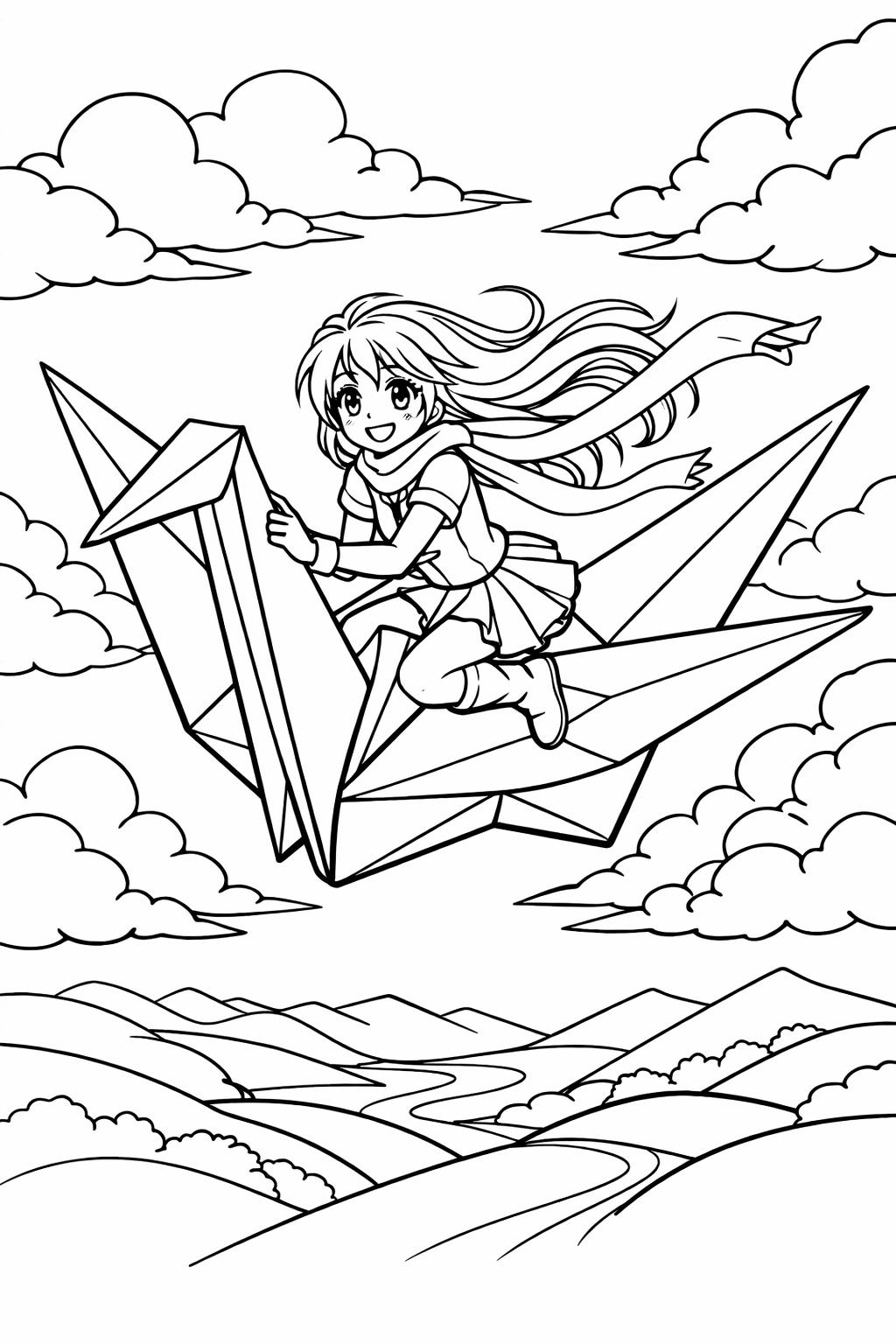 Girl in a scarf riding a giant origami crane through a cloudy sky with rolling hills below.