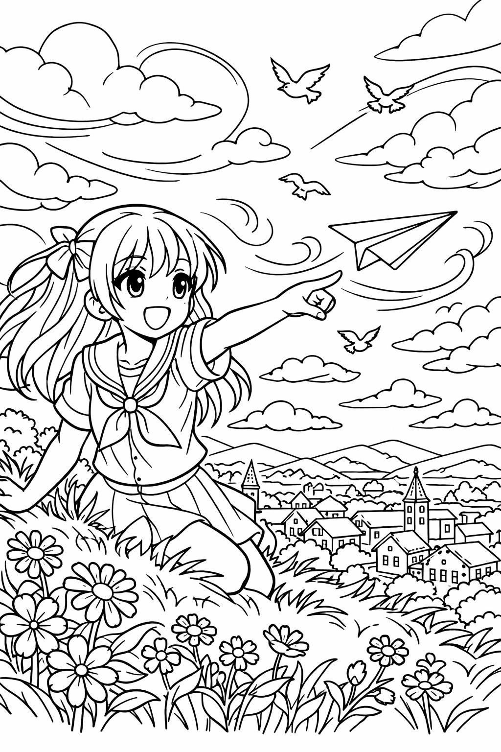anime girl in kimono coloring page | traditional outfit illustration | elegant coloring page