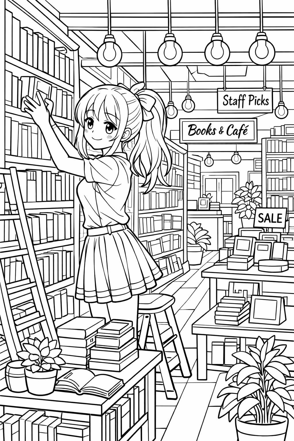 Young girl in a pleated skirt stacks books on a tall library shelf inside a cozy bookstore cafe.
