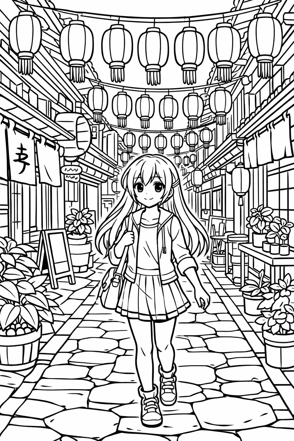 Young girl in a pleated skirt walks down a lantern-lit street lined with shops and potted plants on both sides.