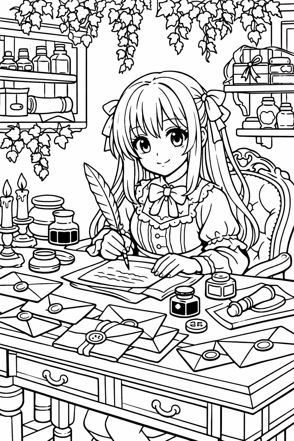 Anime-style girl in a frilly dress writes with a feather quill at an ornate desk, surrounded by envelopes, ink bottles, and shelves.