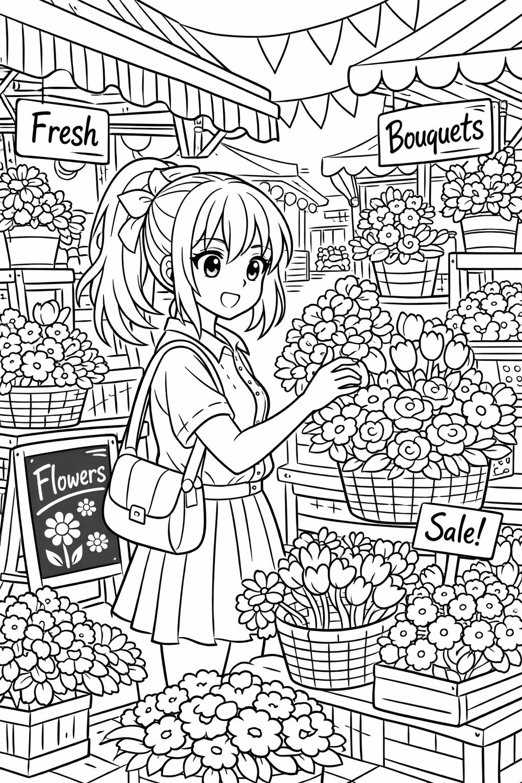 Young girl with a bag selecting flowers at a bustling market stall with 'Fresh' and 'Bouquets' signs above and 'Sale' sign nearby.