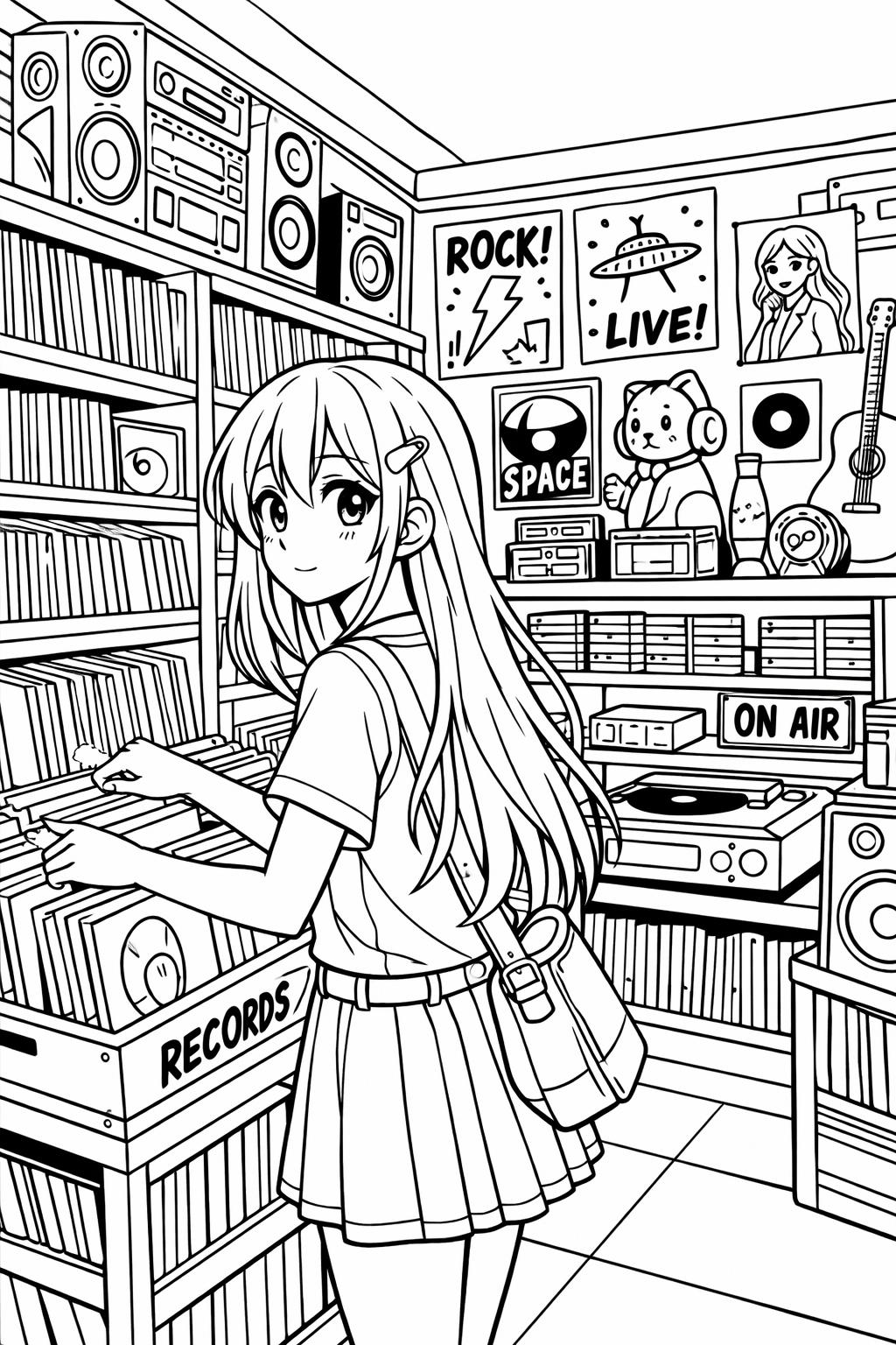 Anime-style girl with long hair browses vinyl records in a busy record shop, with shelves and posters in the background.