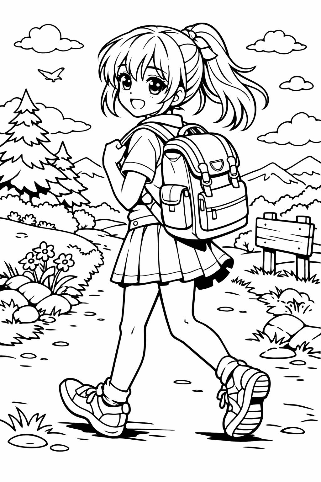 anime girl beach scene coloring | summer outfit art | cute vacation theme