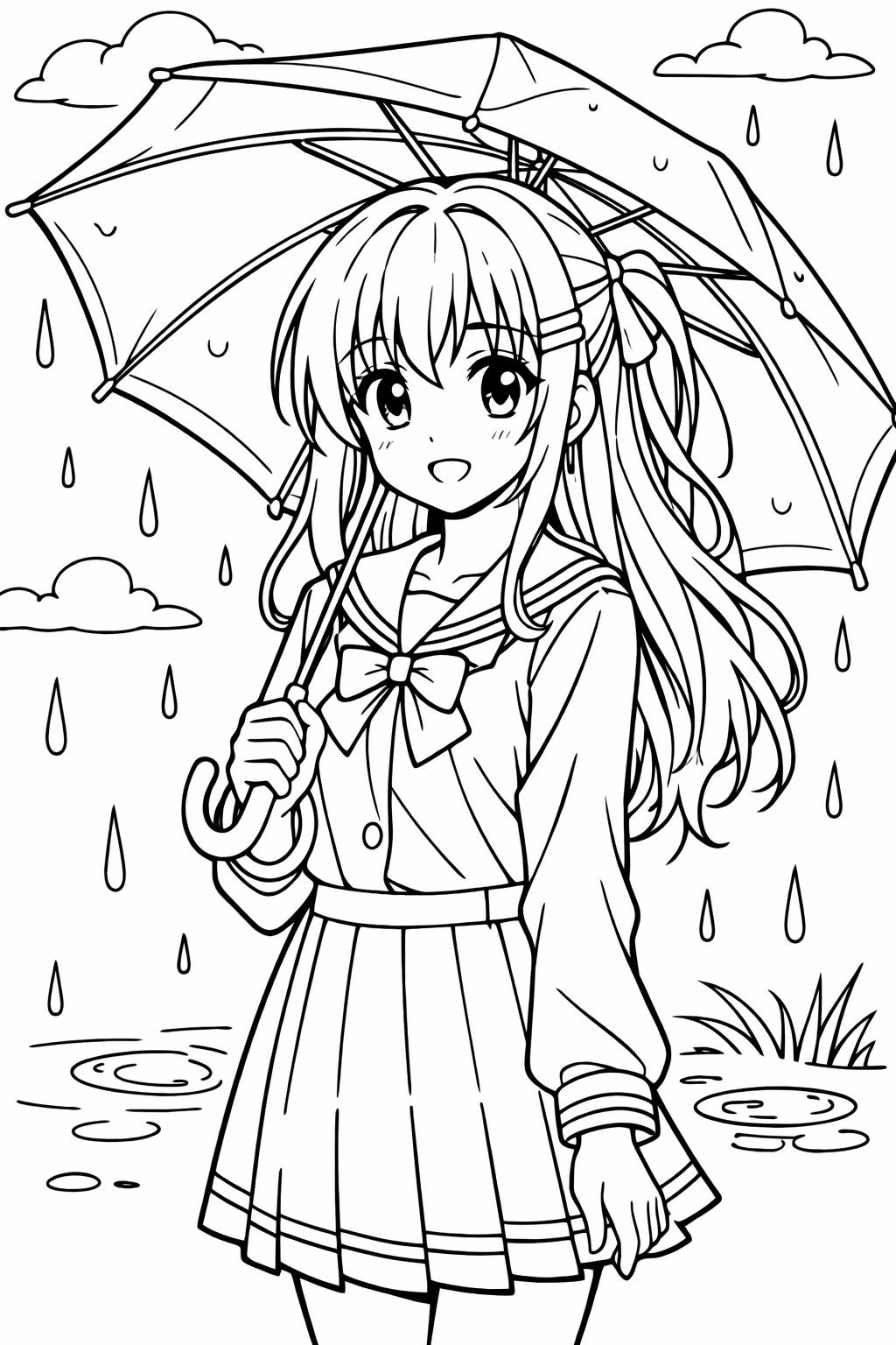 anime girl with umbrella | rainy day scene | soft aesthetic coloring page