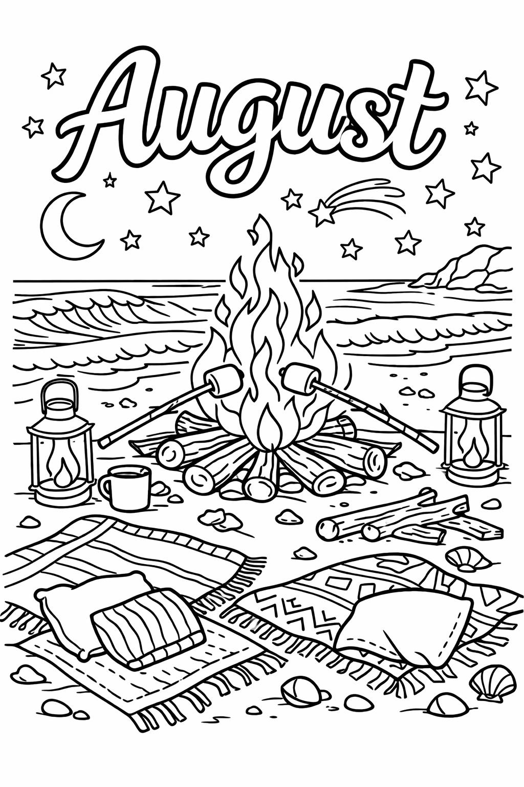 tropical August coloring page | palm tree summer scene | relaxing vacation artwork