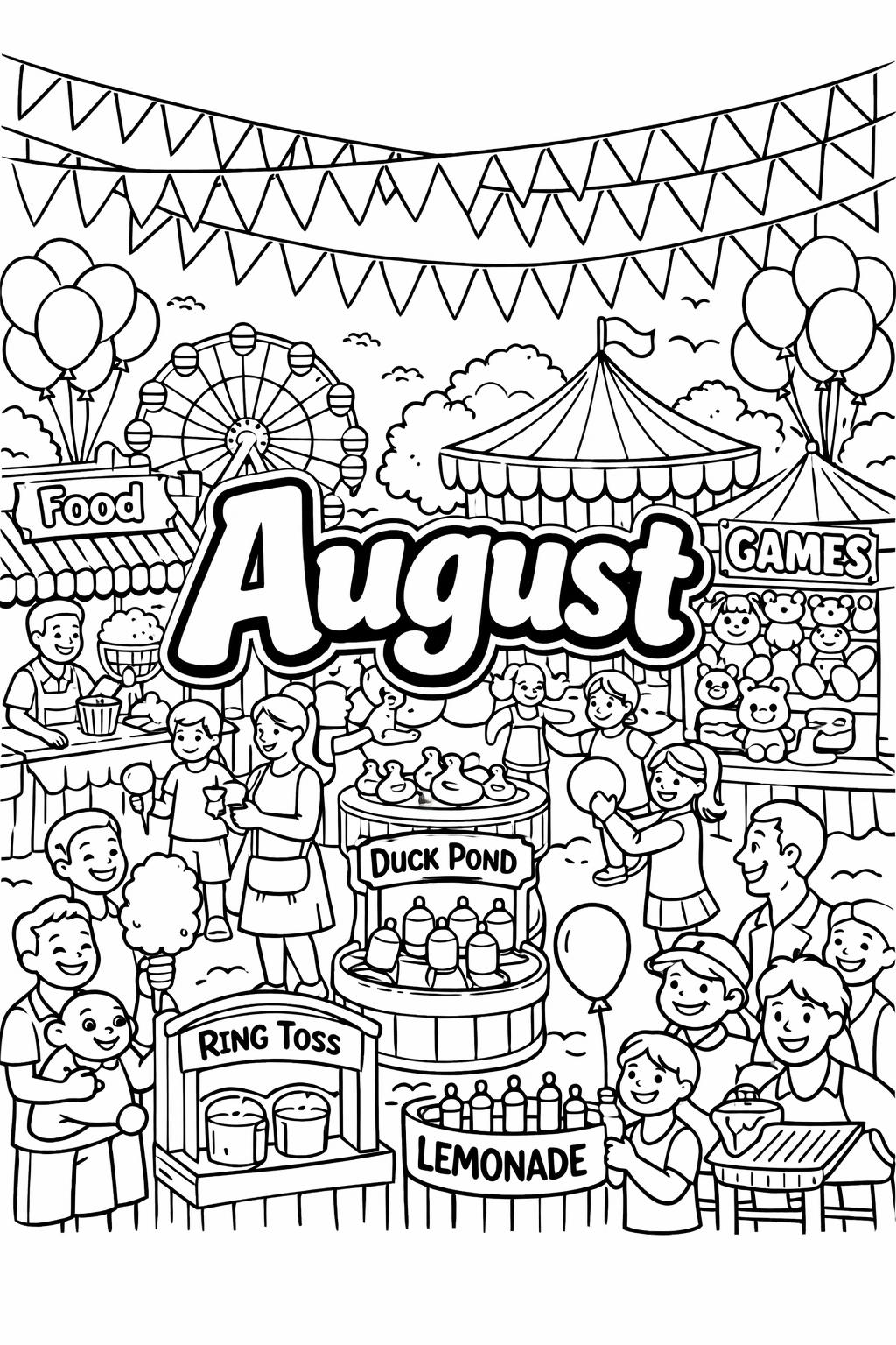beach August coloring page | ocean summer scene | fun vacation artwork