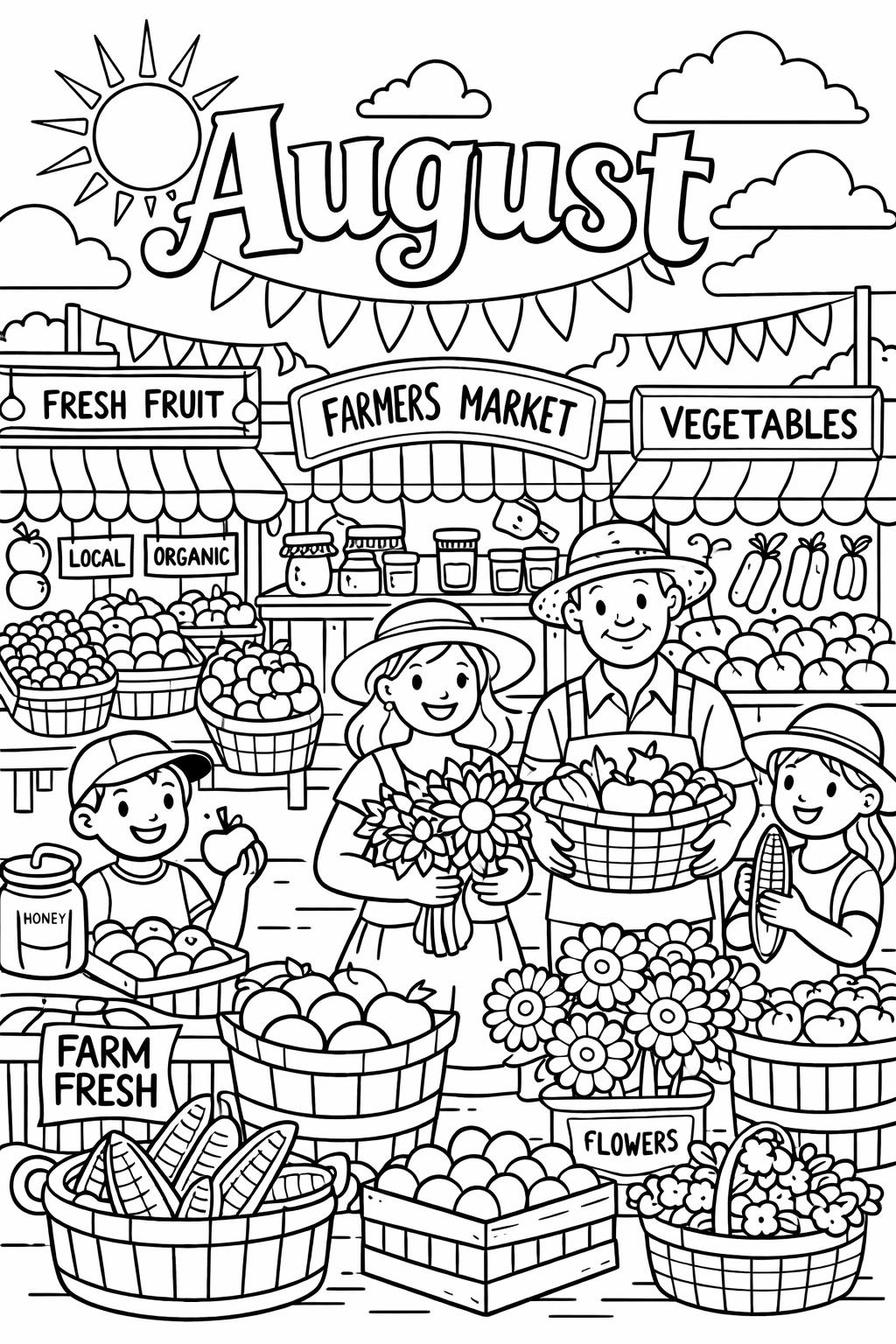 August calendar coloring page | monthly planner illustration | seasonal coloring sheet