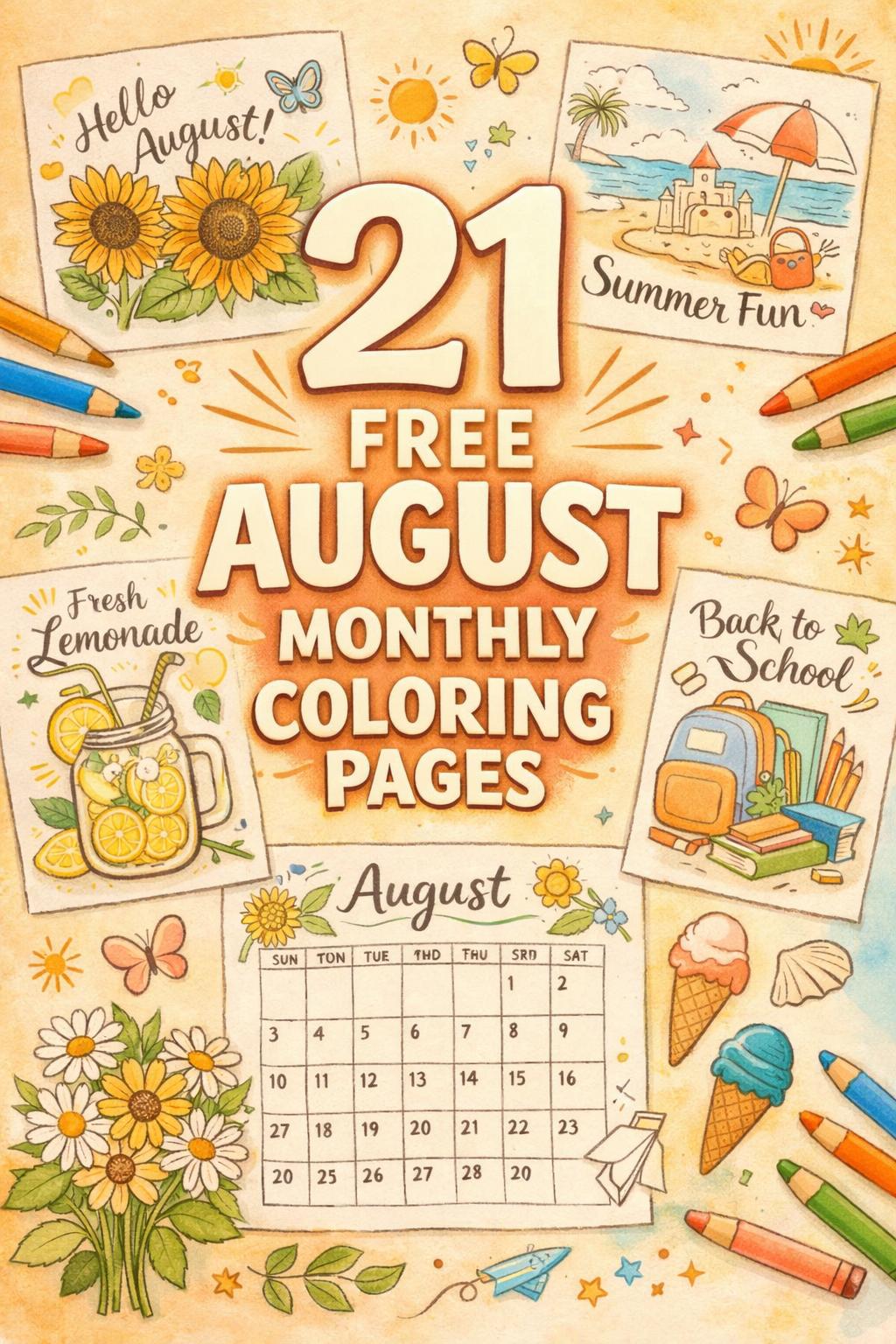 August coloring page | monthly themed coloring sheet | summer coloring design