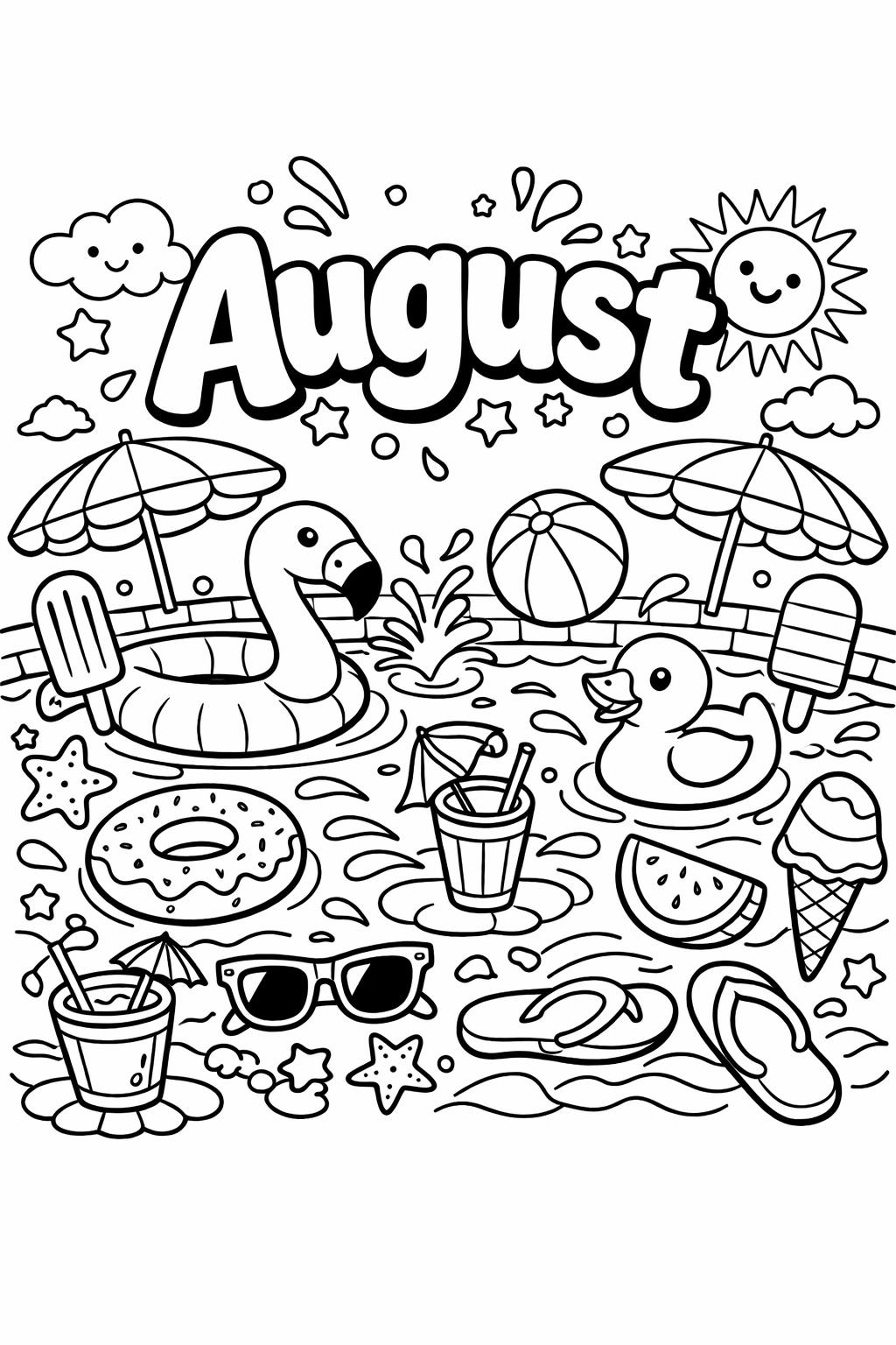 sunny landscape coloring page | bright outdoor scenery | relaxing August artwork