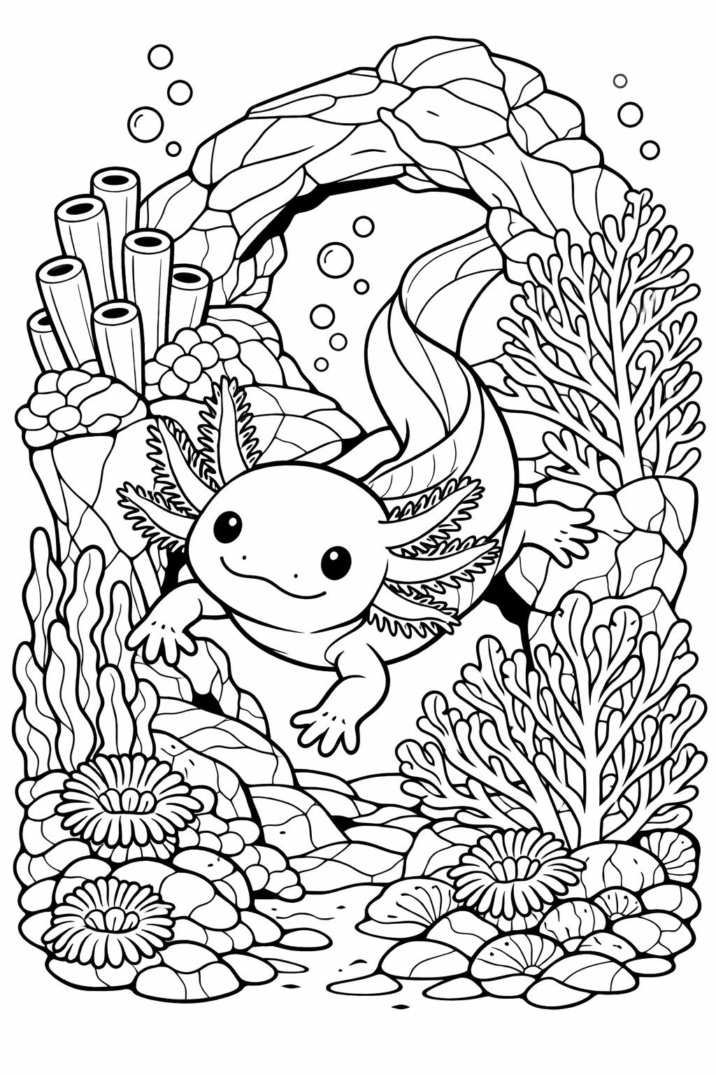 axolotl coloring page | cute axolotl illustration | fun aquatic animal sheet
