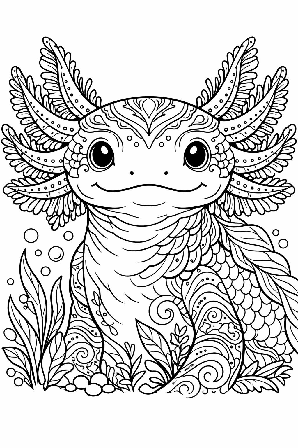axolotl and bubbles page | underwater scene illustration | relaxing aquatic artwork