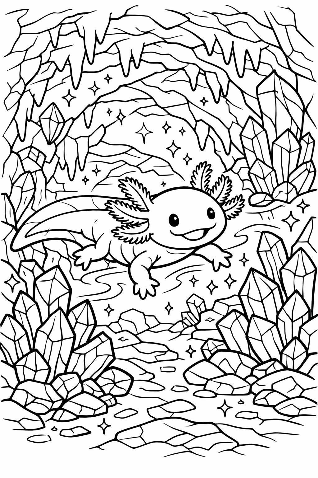 smiling axolotl coloring page | happy amphibian design | cute coloring page