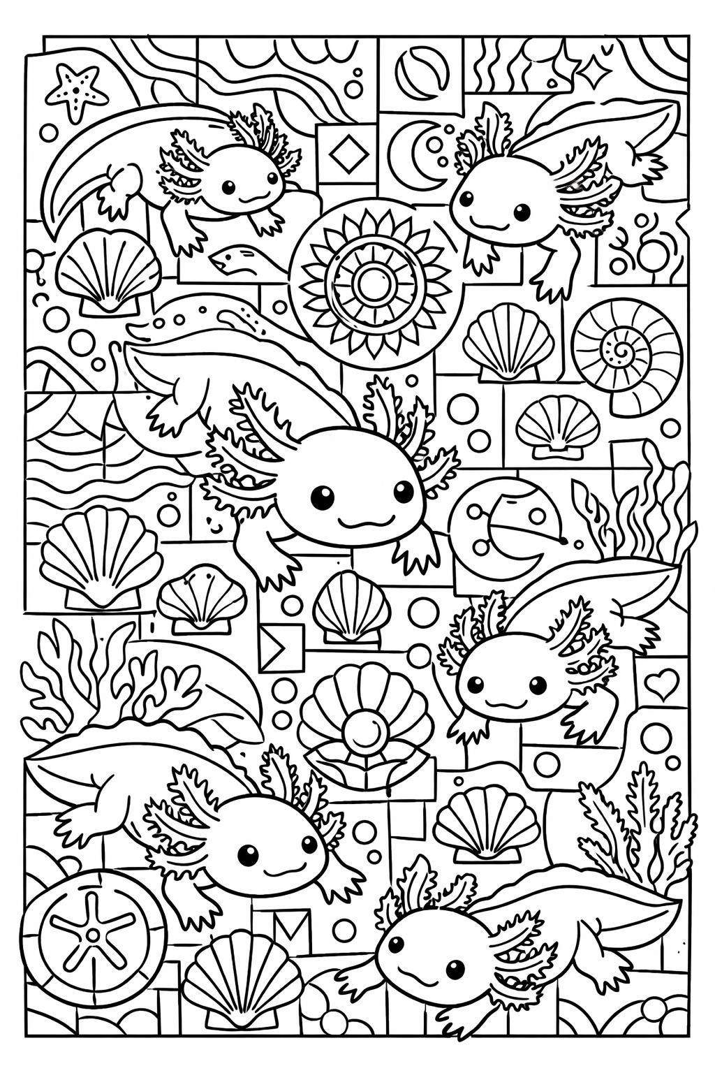axolotl in pond coloring page | freshwater habitat illustration | nature coloring sheet