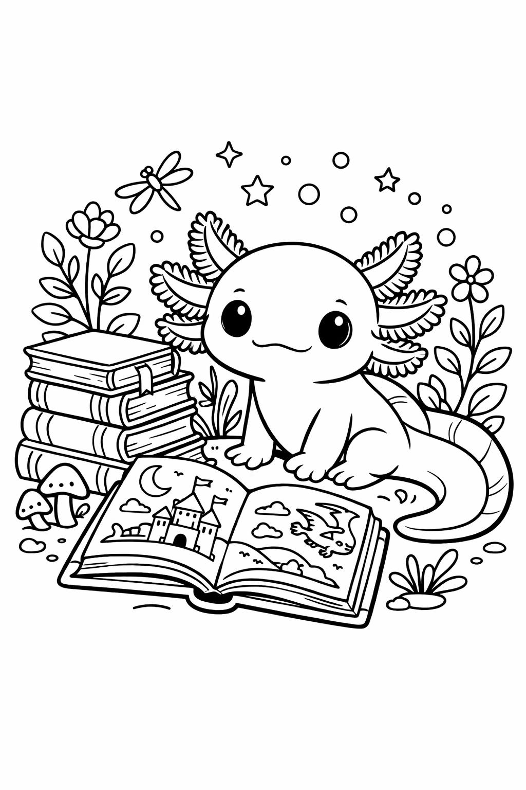 fantasy axolotl coloring page | magical amphibian artwork | whimsical coloring page