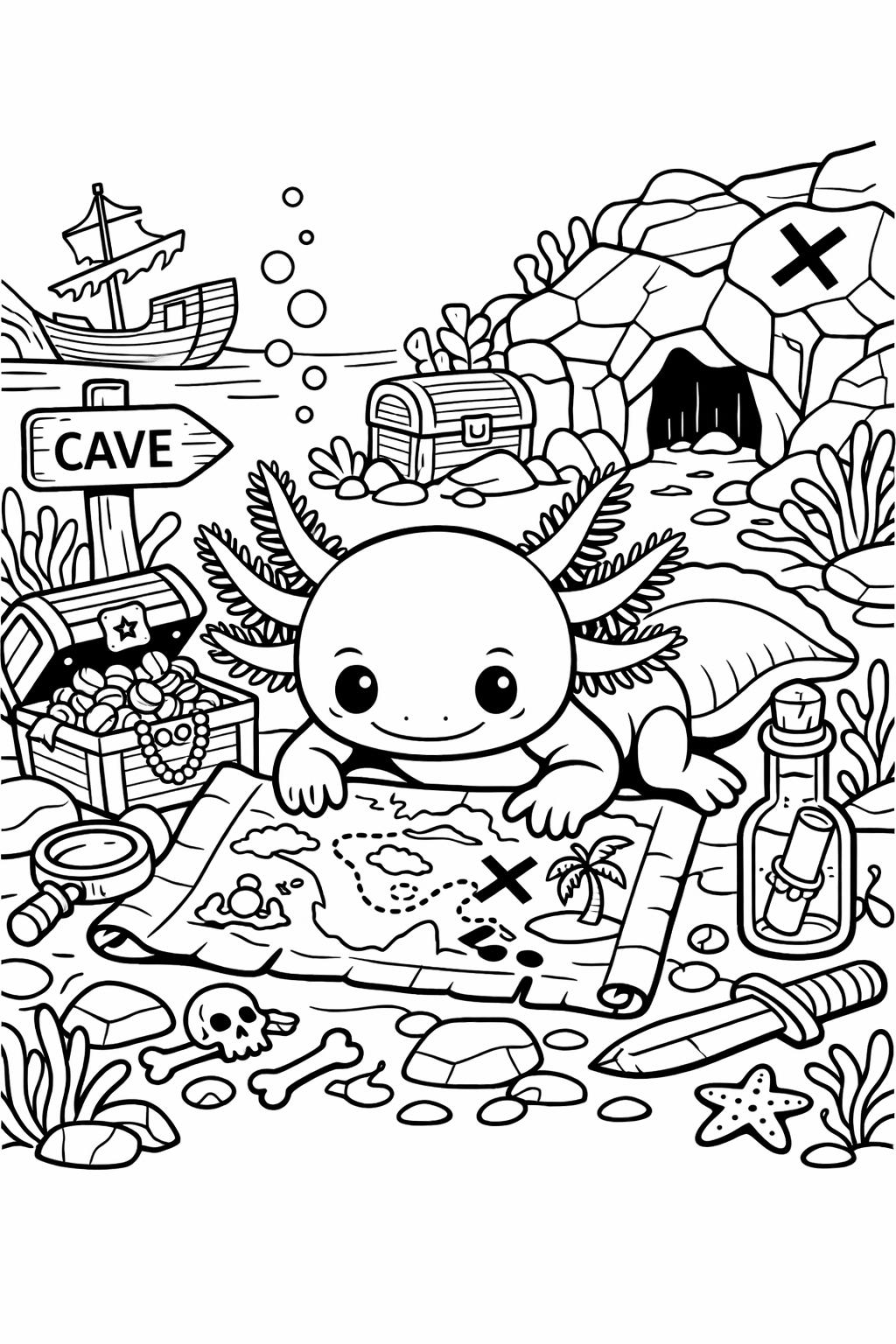 axolotl and plants page | underwater nature scene | relaxing aquatic design
