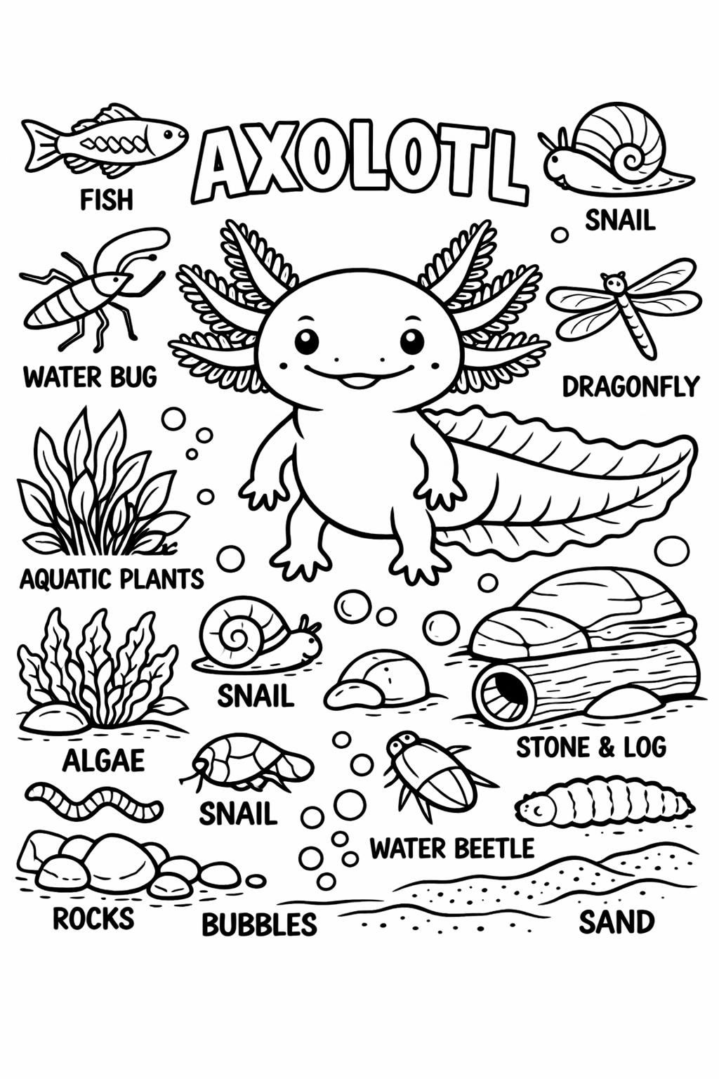 artistic axolotl coloring page | creative amphibian illustration | decorative coloring page